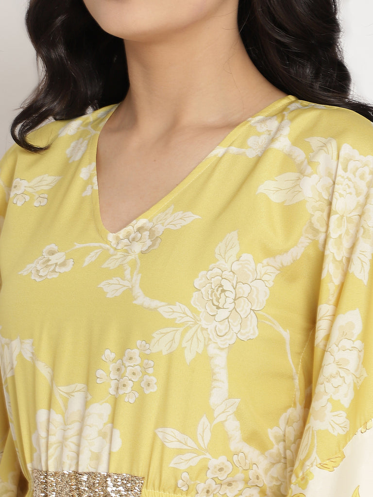 Women's Lime Green & Off White Floral Printed Flared Sleeves Floral Kaftan Kurt