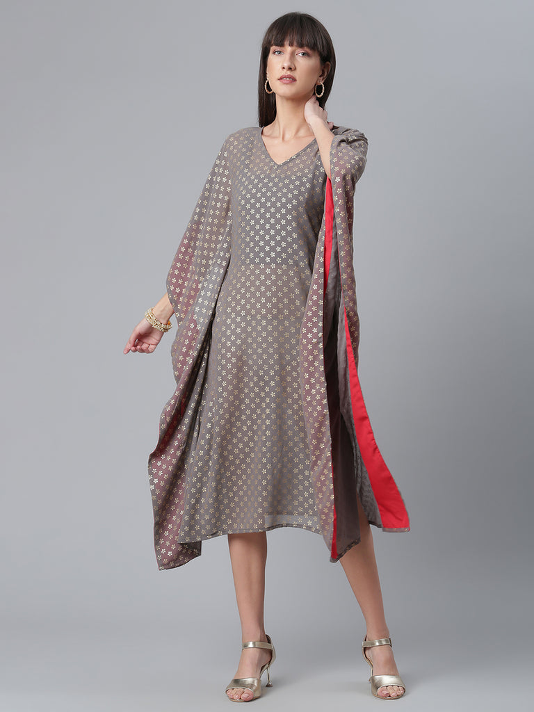 Women's Georgette Grey Colour Gold Foil Printed Kaftan