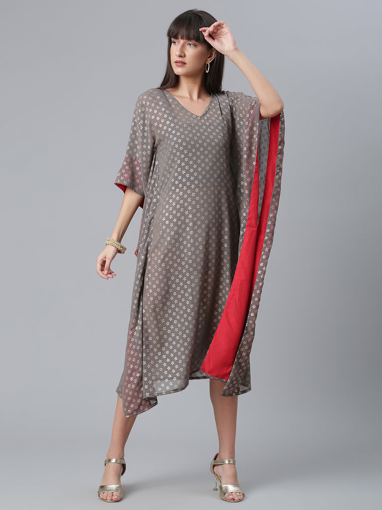 Women's Georgette Grey Colour Gold Foil Printed Kaftan