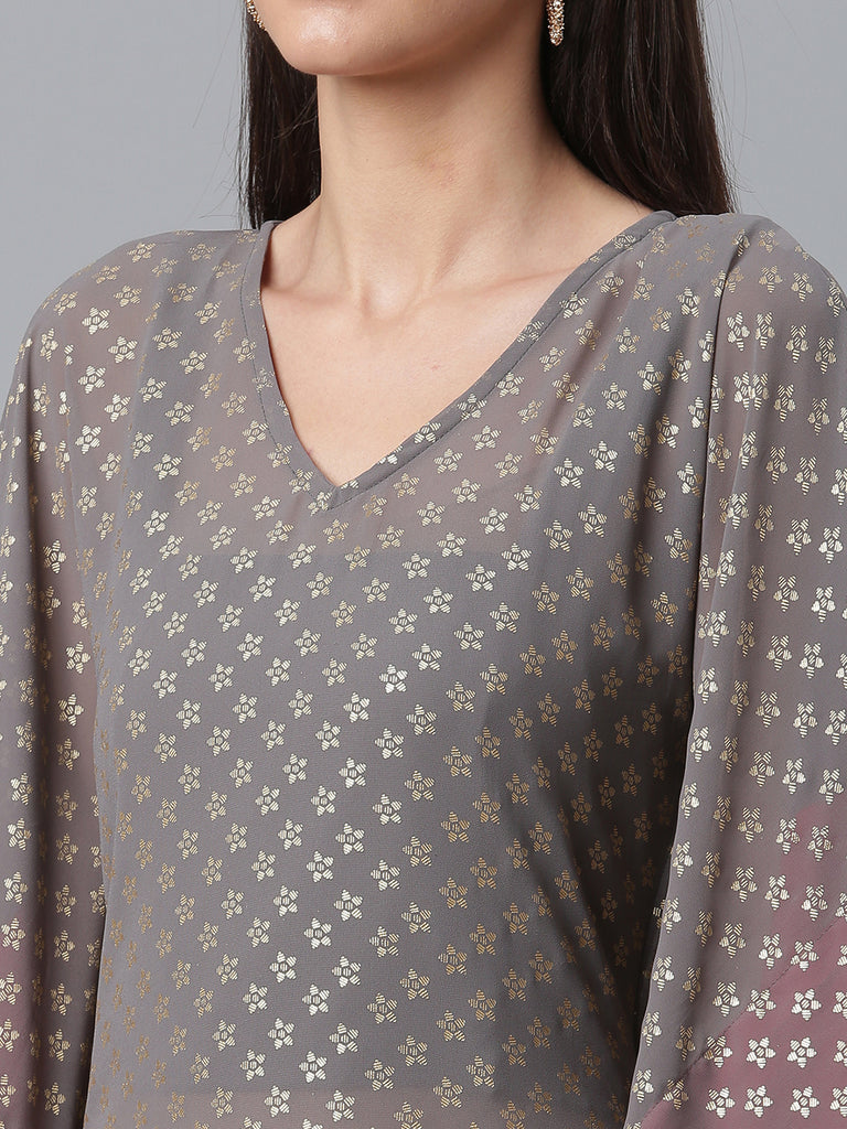 Women's Georgette Grey Colour Gold Foil Printed Kaftan