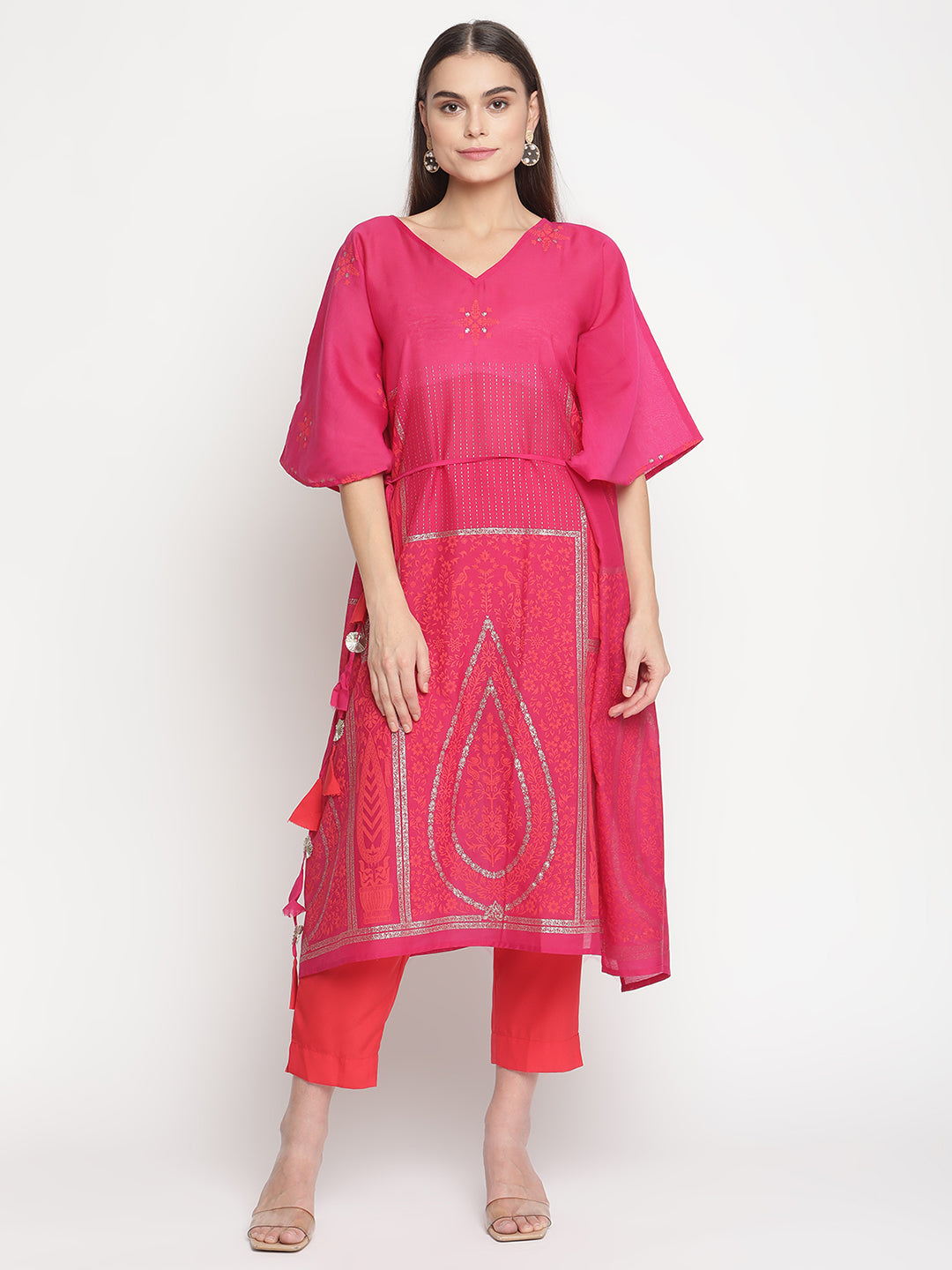 Women's  Pink Chanderi Orange Khari Print Kaftan With Trouser- Ahalyaa