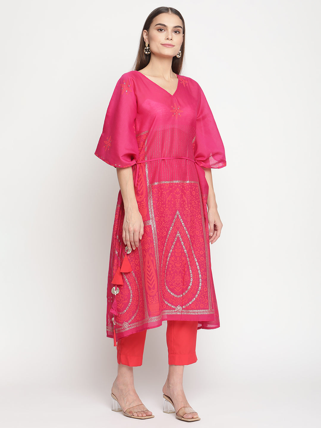 Women's  Pink Chanderi Orange Khari Print Kaftan With Trouser- Ahalyaa