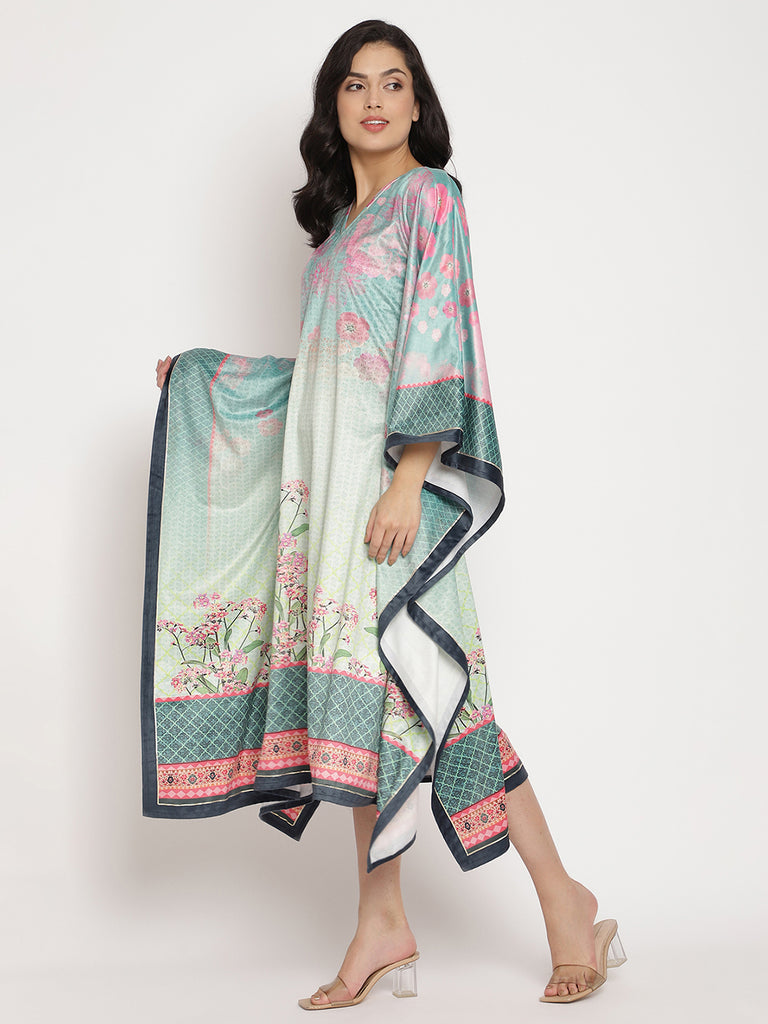 Women's Sea Green Digital Print Velvet Kafta