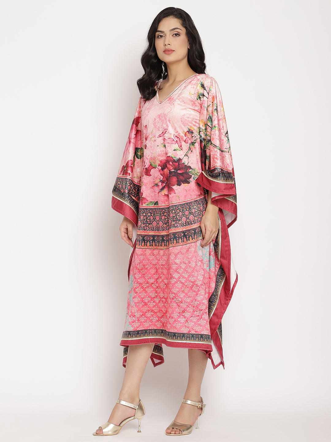 Women's Pink Color Digital Print Velvet Kaftan- Ahalyaa