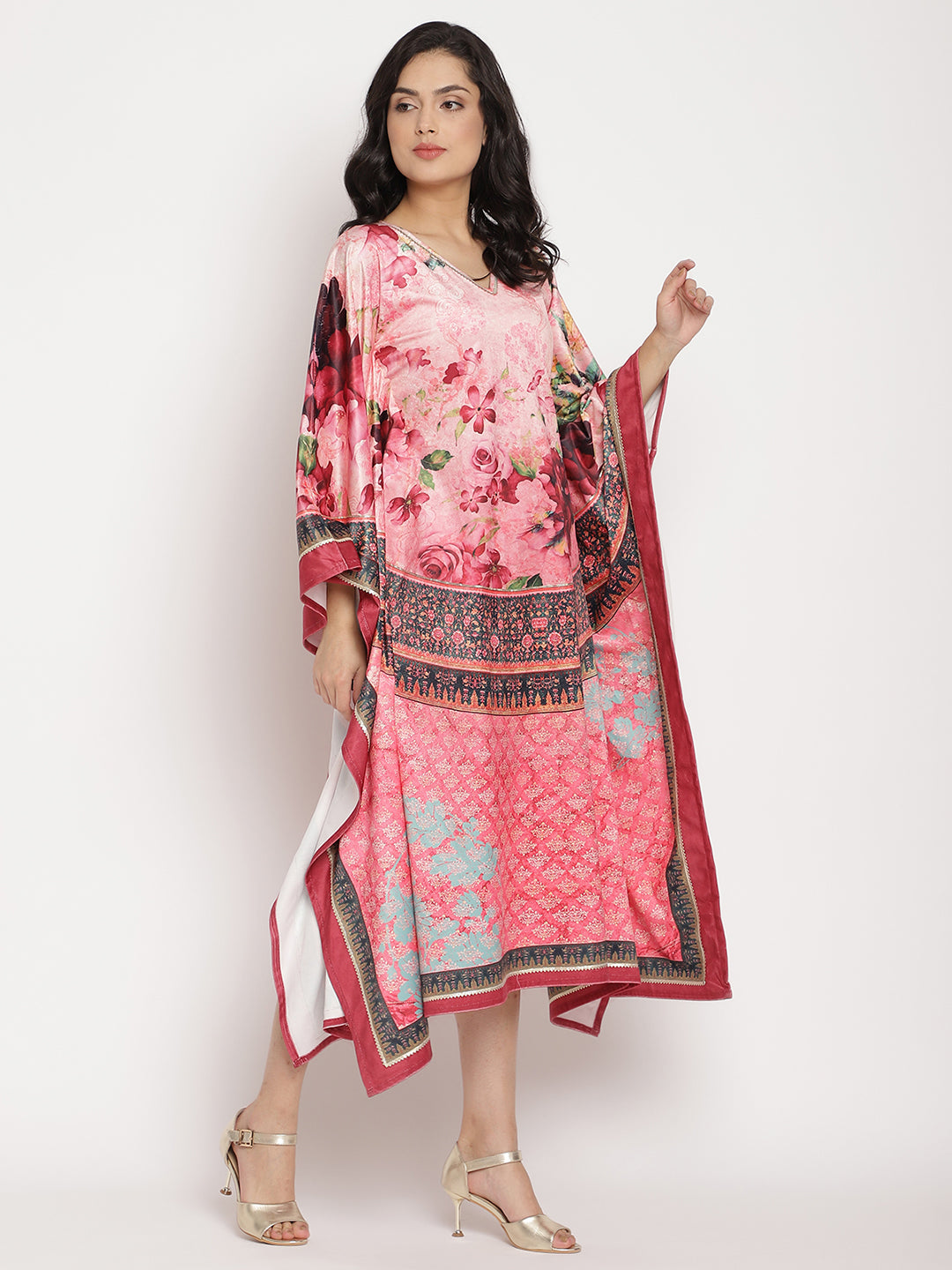 Women's Pink Color Digital Print Velvet Kaftan- Ahalyaa