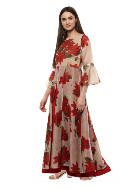 Women's Beige Chanderi Digital Print Long Kurta Dress - Ahalyaa