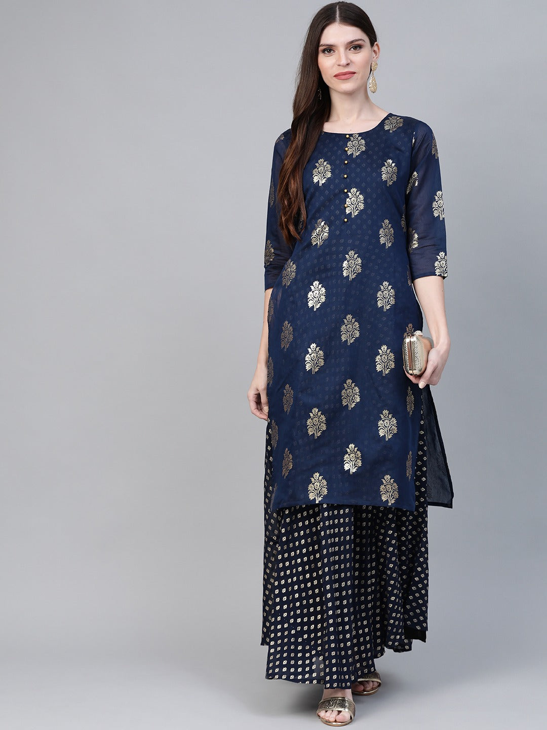 Women's Navy Blue Chanderi Silk Printed Kurta With Attached Gown - Ahalyaa