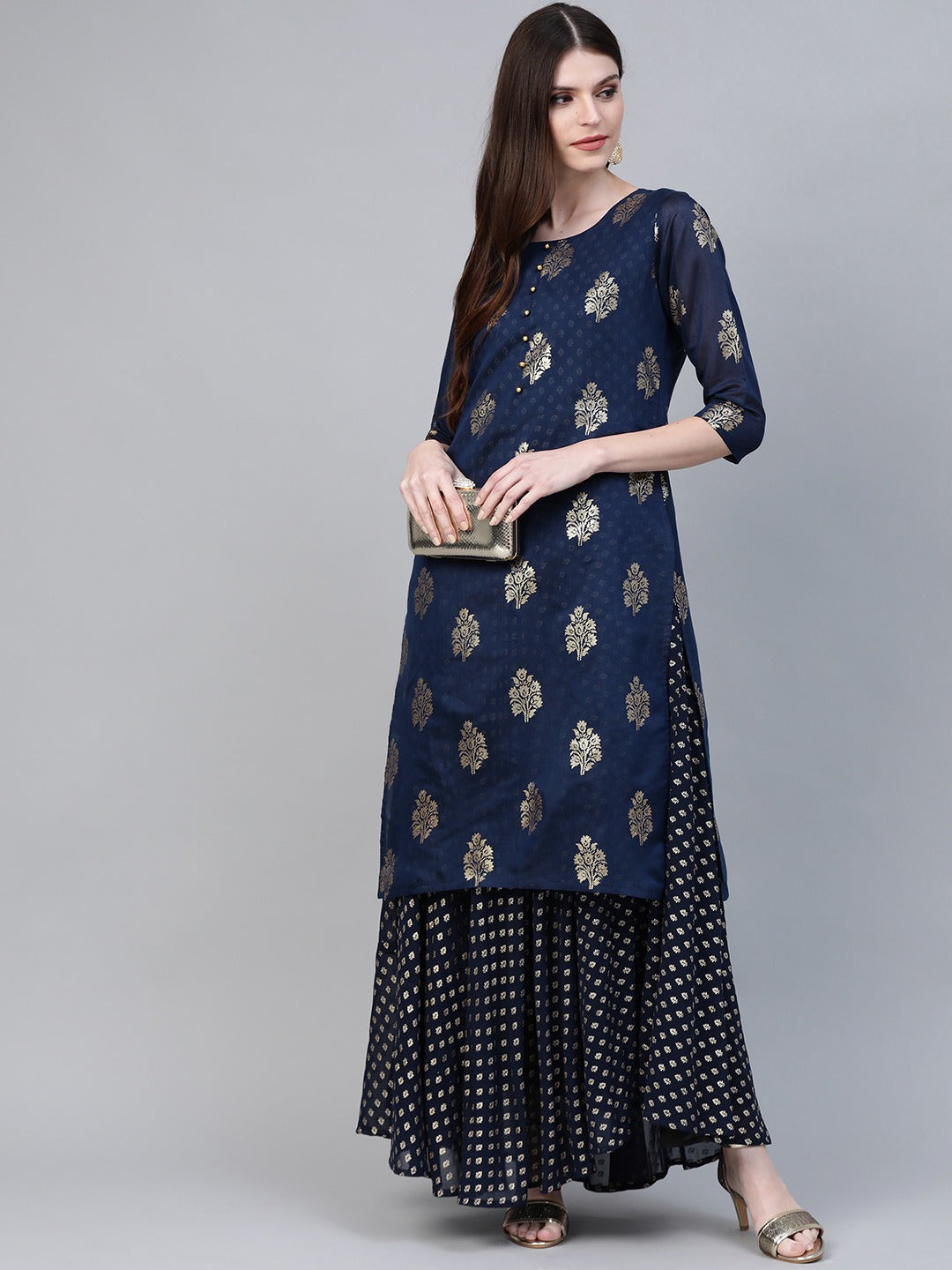 Women's Navy Blue Chanderi Silk Printed Kurta With Attached Gown - Ahalyaa