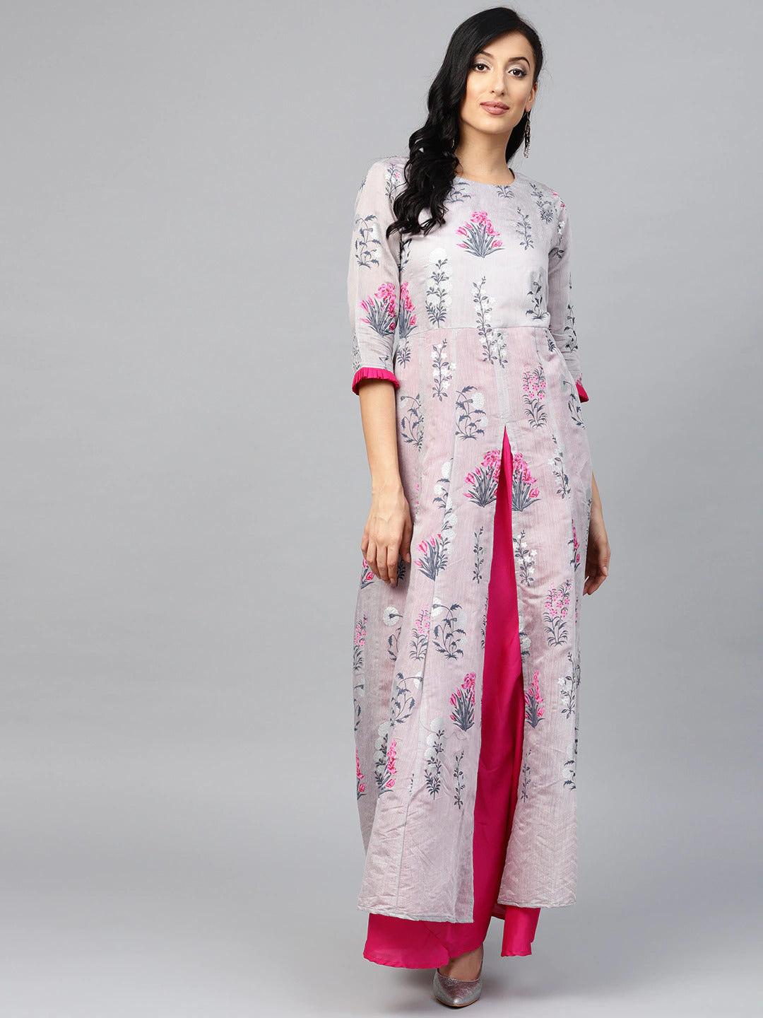 Women's  Grey & Pink Floral Printed Layered Front Slit Maxi Dress- Ahalyaa