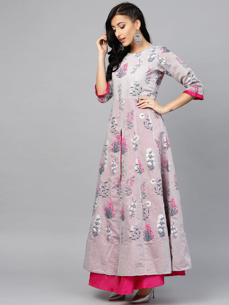 Women's  Grey & Pink Floral Printed Layered Front Slit Maxi Dres