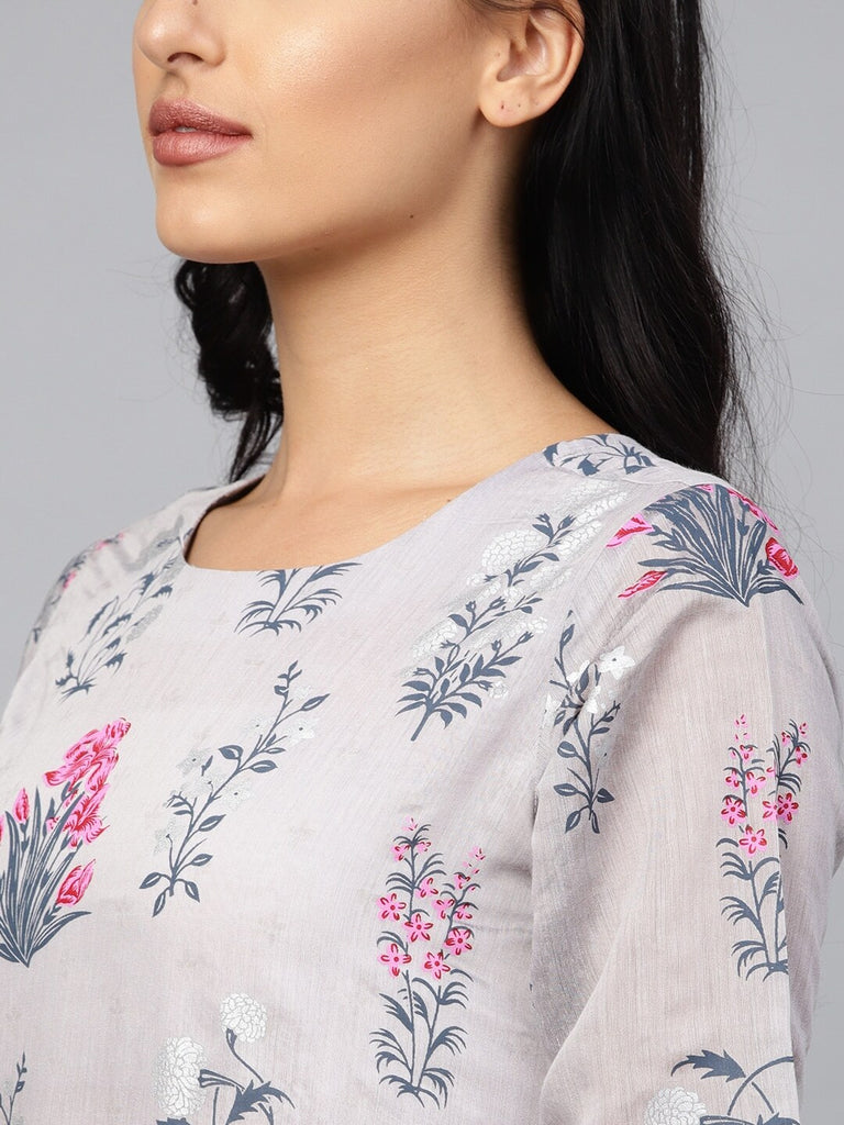 Women's  Grey & Pink Floral Printed Layered Front Slit Maxi Dres