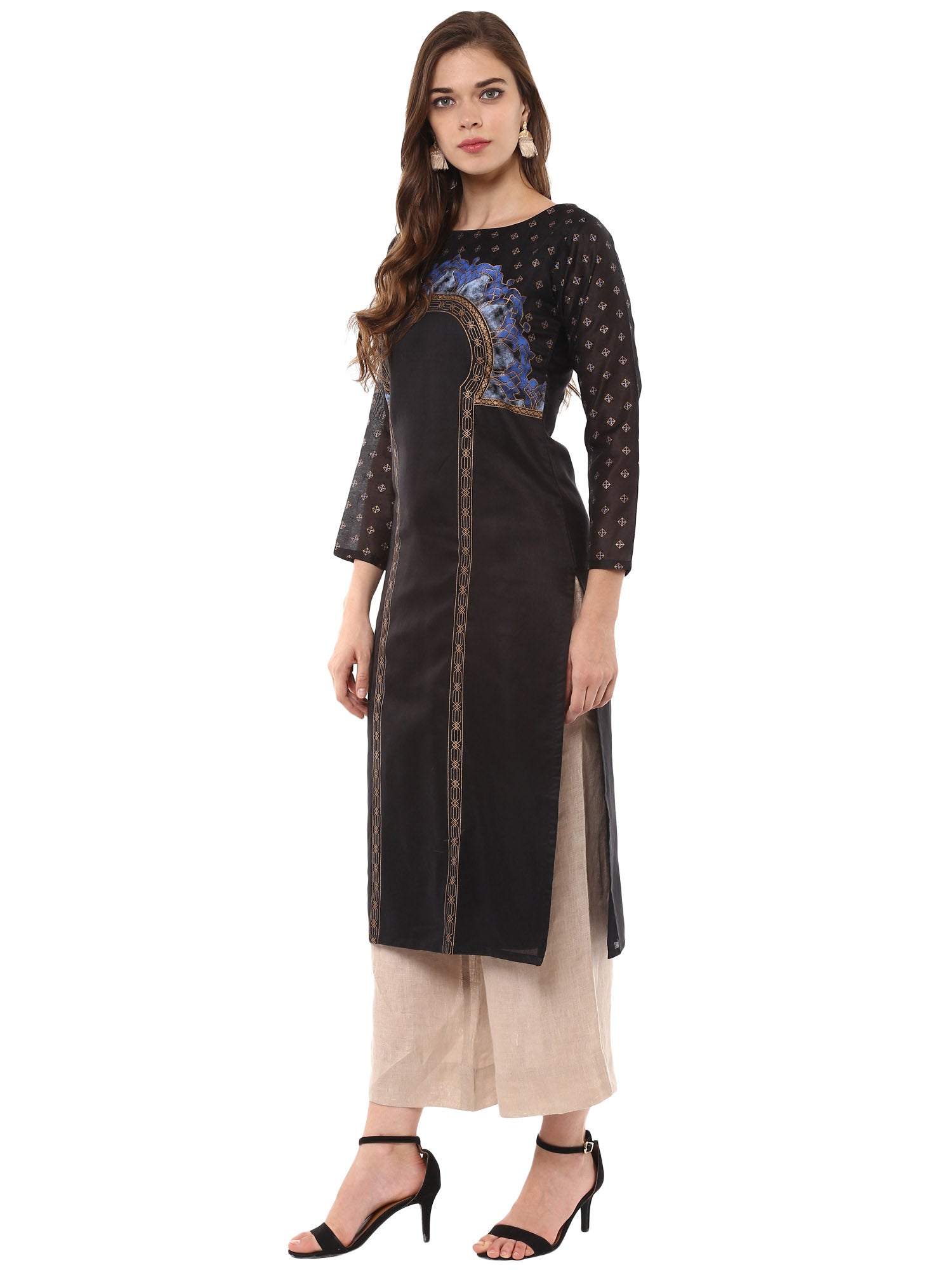 Women's Black And Gold Print Chanderi Full Sleeves Only Kurta - Ahalyaa