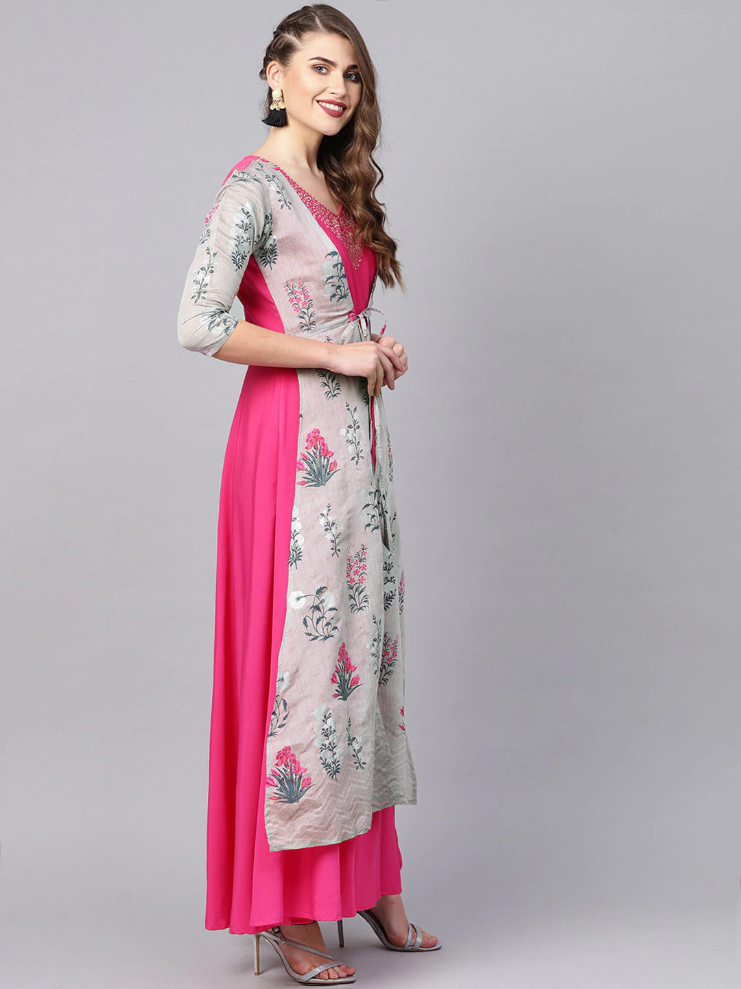 Women's Grey & Pink Floral Print Layered Anarkali Kurta- Ahalyaa