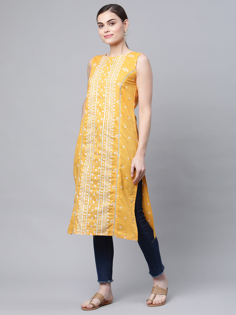Women's Mustard Cotton Printed Kurta