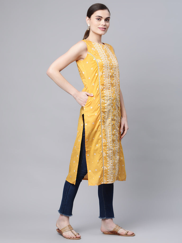 Women's Mustard Cotton Printed Kurta