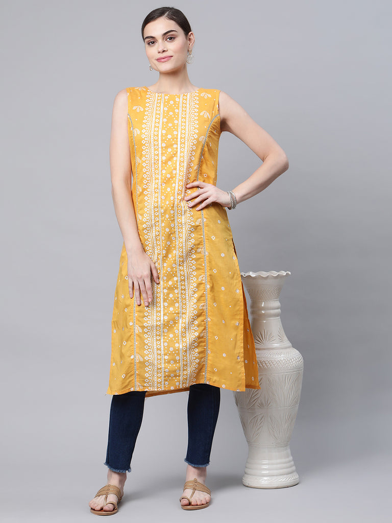 Women's Mustard Cotton Printed Kurta
