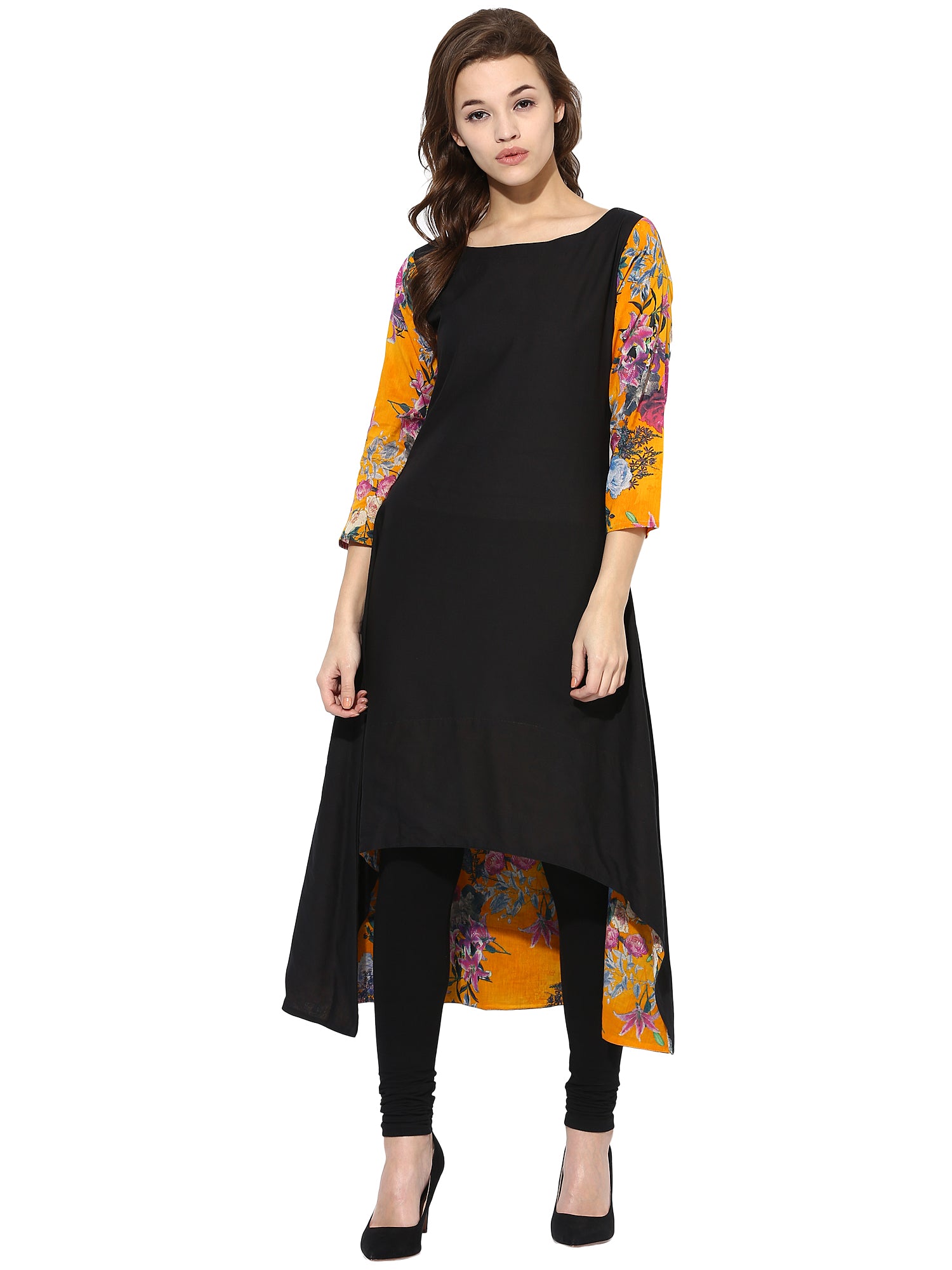 Women's Black Color 3/4Th Sleeve And Boat Neck Cotton Only Kurti - Ahalyaa