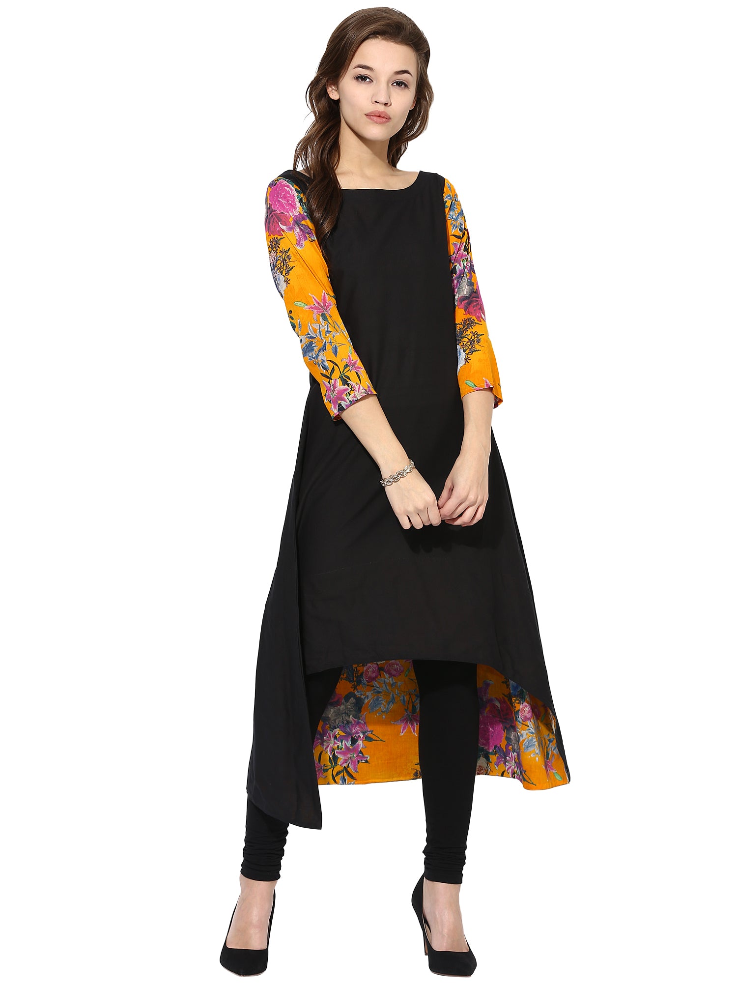 Women's Black Color 3/4Th Sleeve And Boat Neck Cotton Only Kurti - Ahalyaa