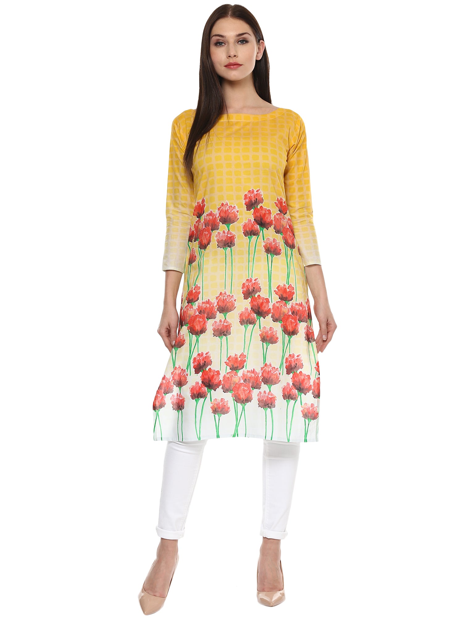 Women's Yellow And Red Cotton Floral Digital Only Kurti - Ahalyaa