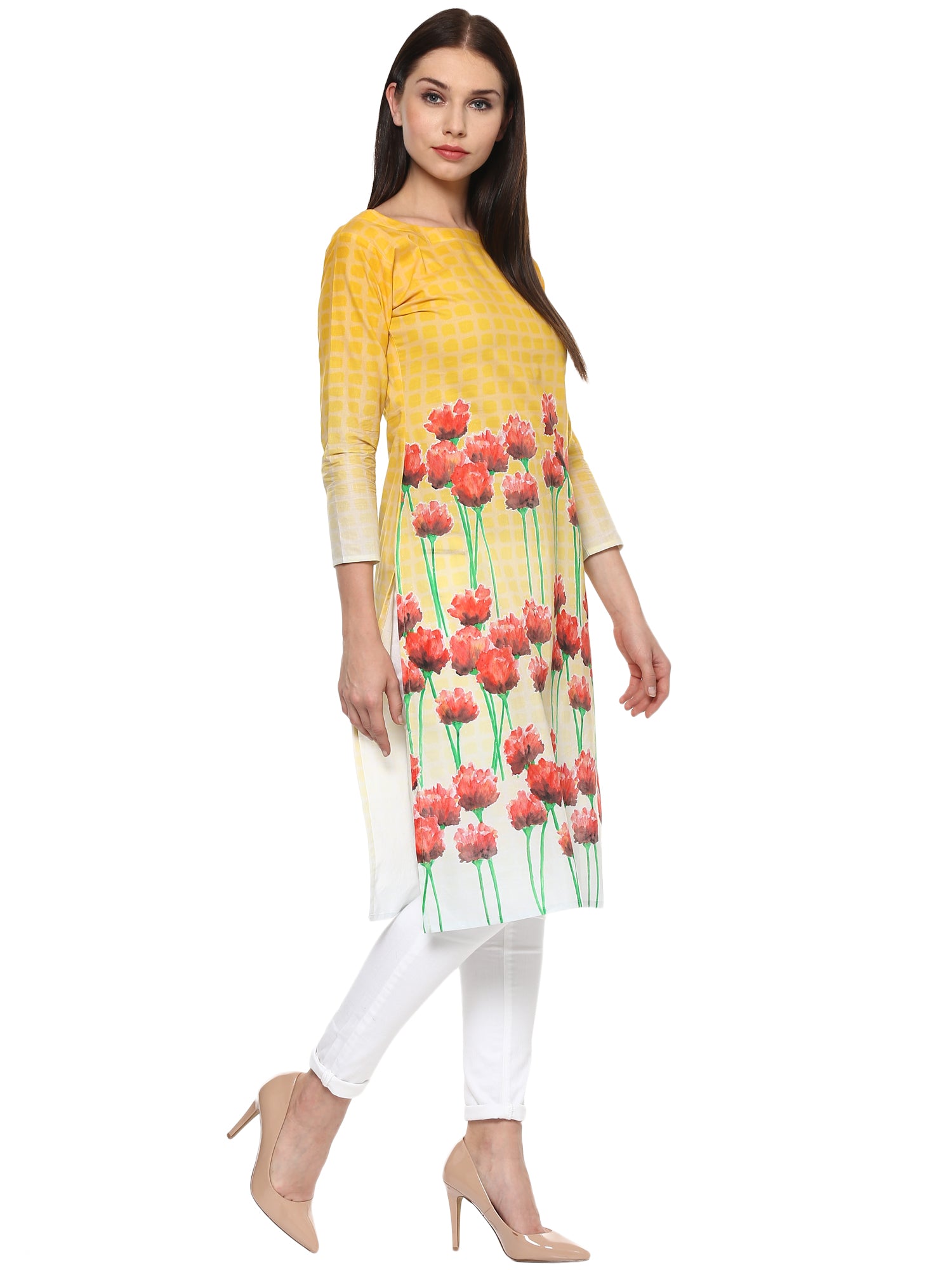 Women's Yellow And Red Cotton Floral Digital Only Kurti - Ahalyaa