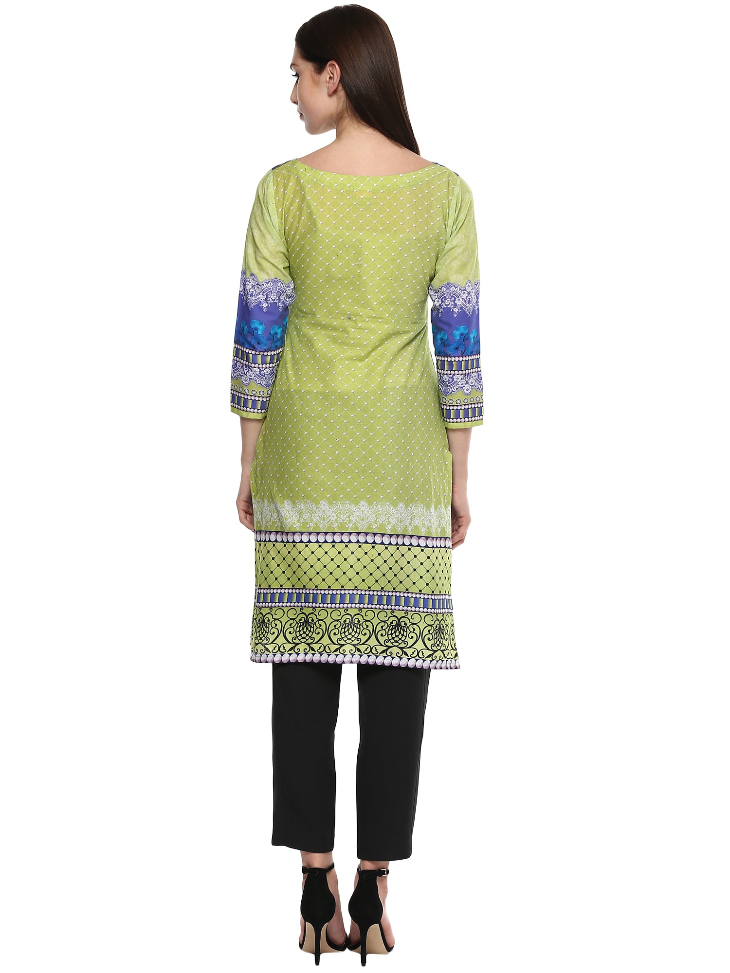Women's Lemon Green Floral Pakistani Cotton Only Kurti - Ahalyaa