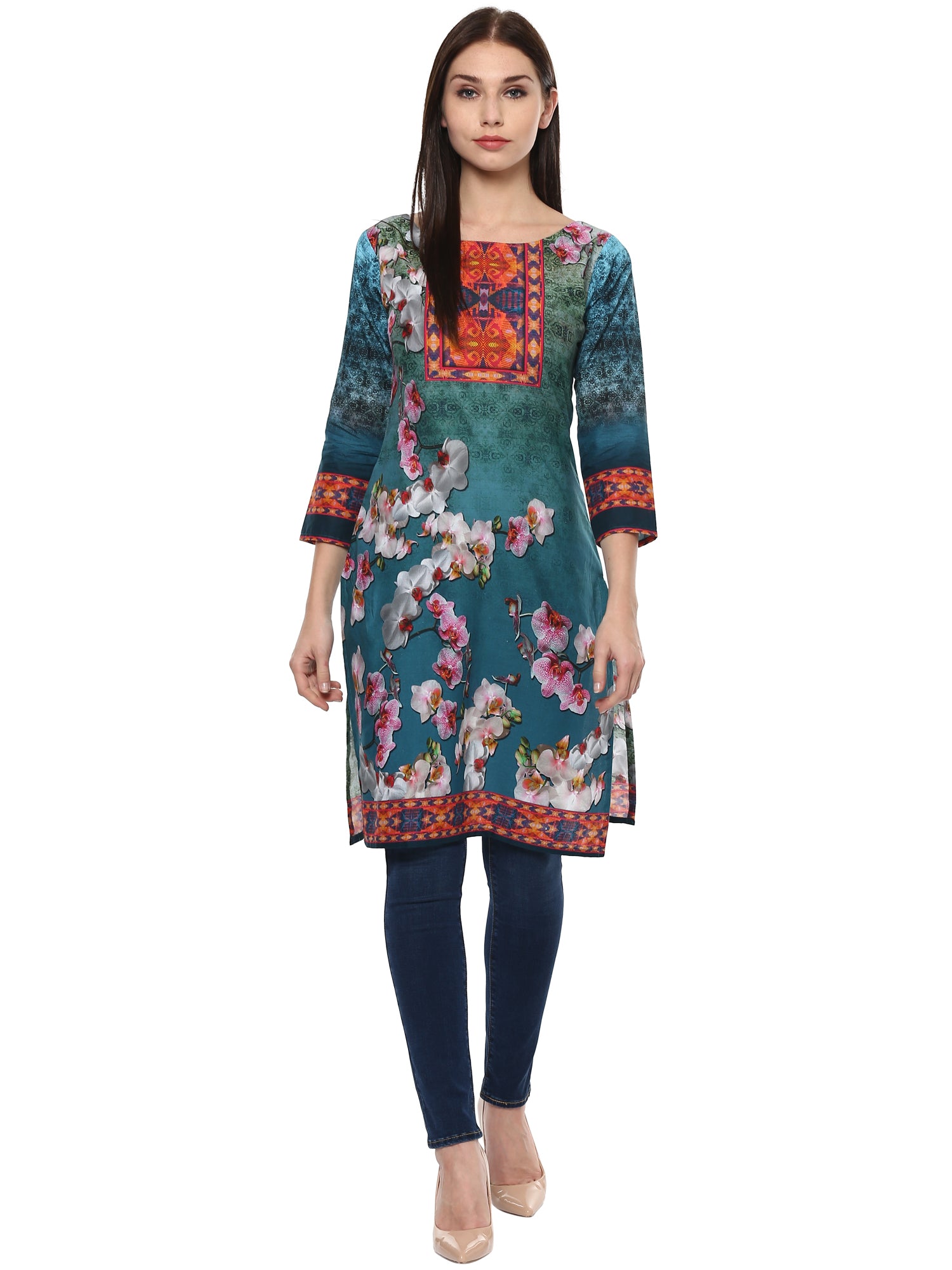 Women's Shades Of Blue Pakistani Style Floral Cotton Only Kurti - Ahalyaa