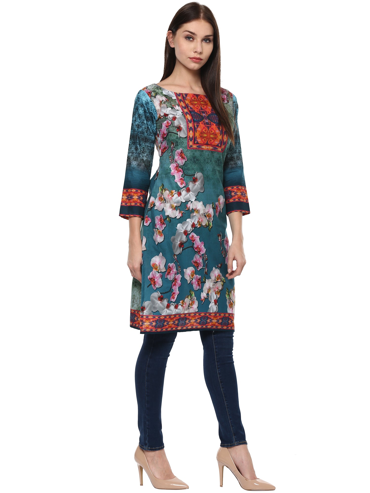 Women's Shades Of Blue Pakistani Style Floral Cotton Only Kurti - Ahalyaa