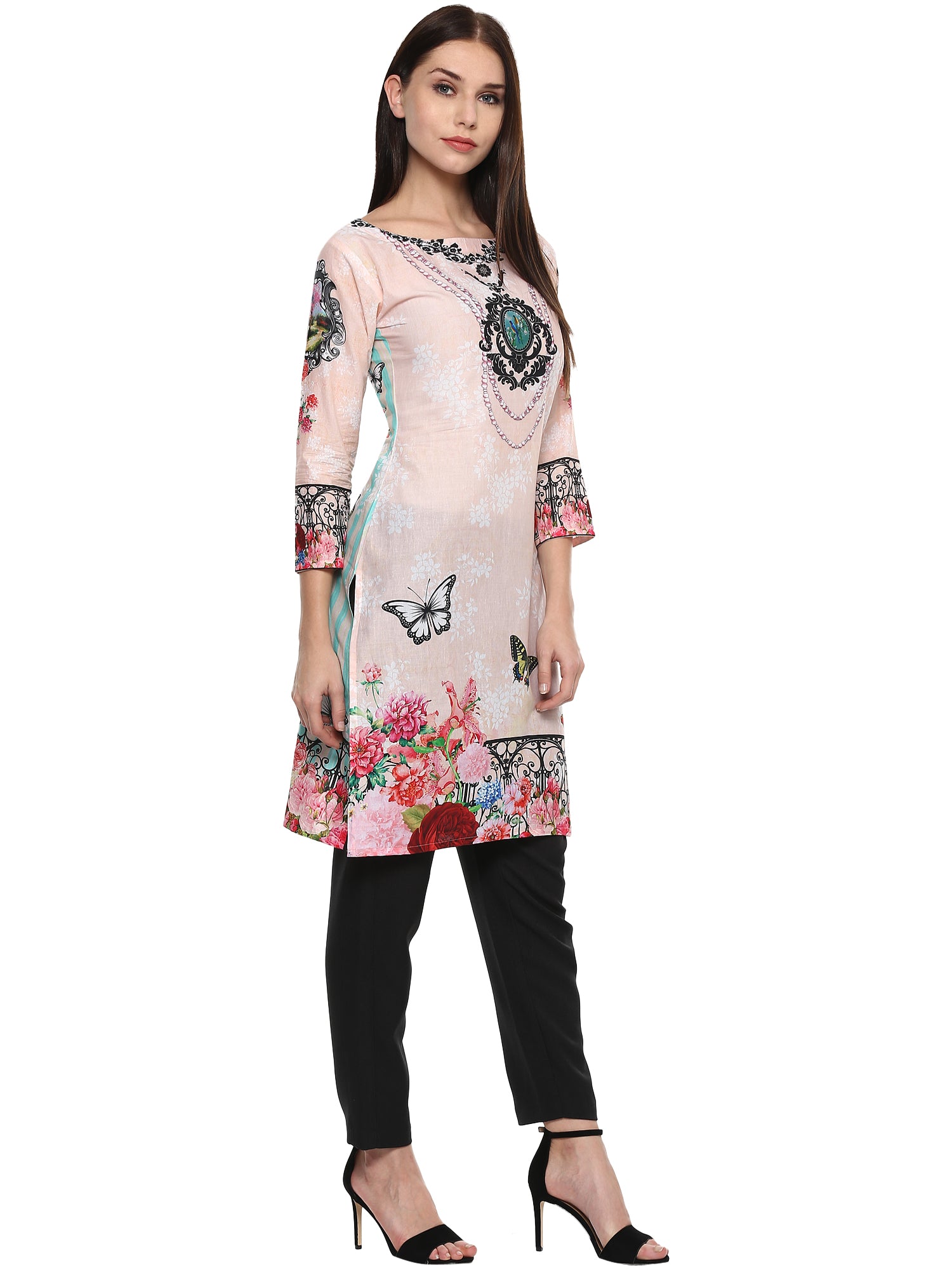 Women's Pale Pink Floral Printed Pakistani Cotton  Only Kurti - Ahalyaa