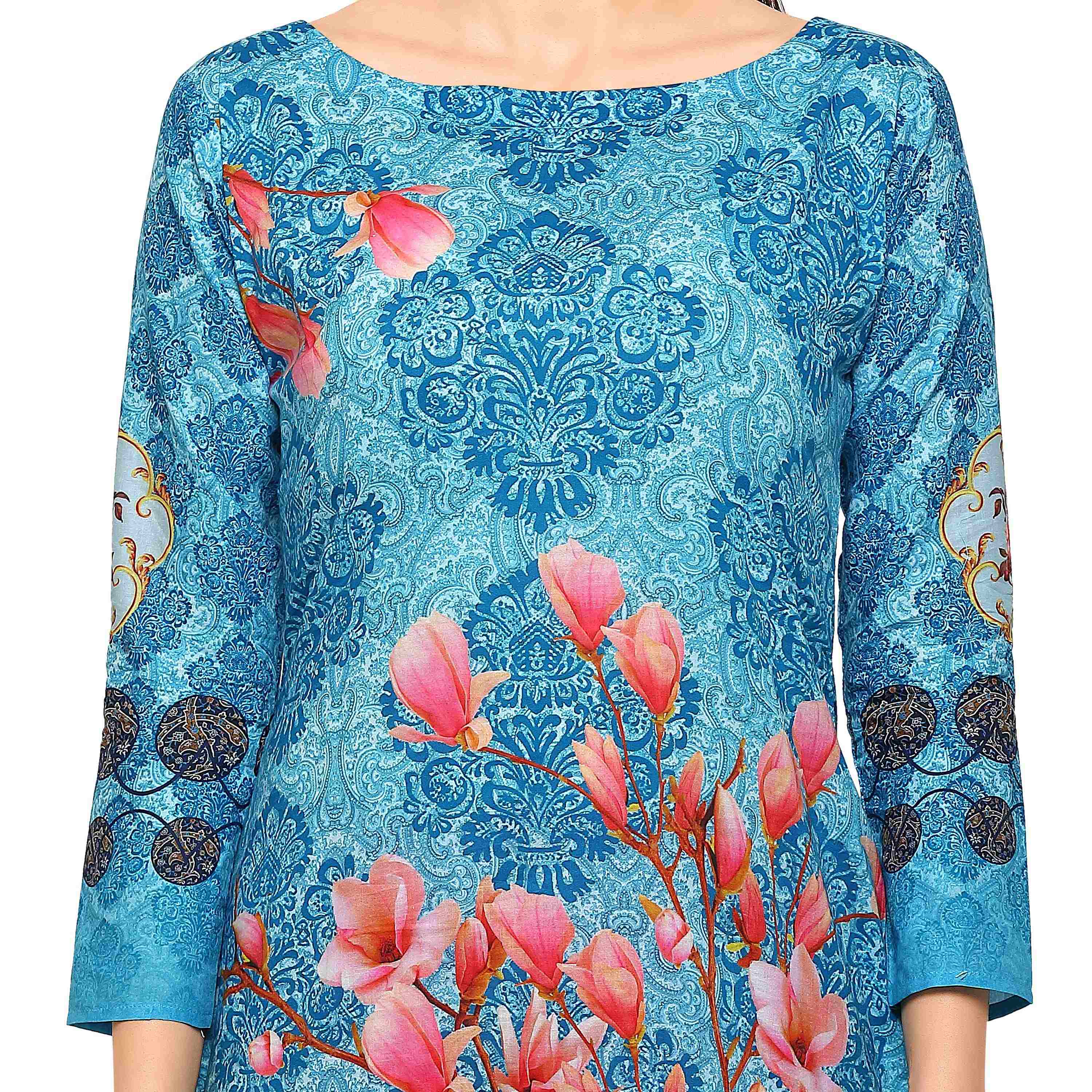 Women's Blue & Pink Floral Damask Digital Printed Cotton Only Kurti - Ahalyaa
