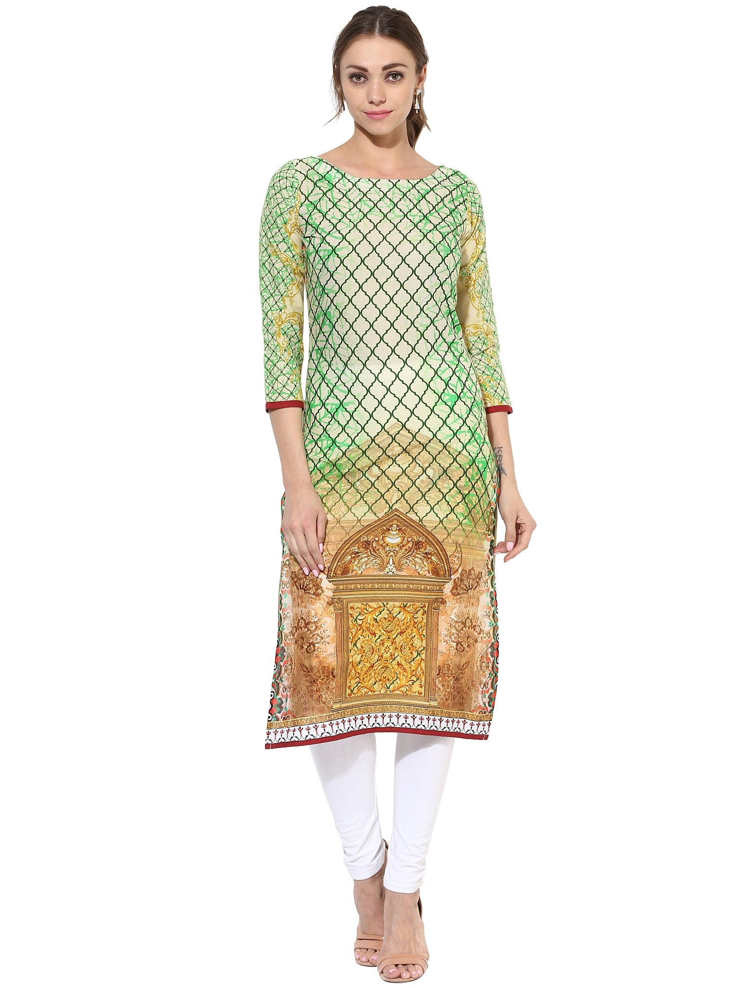 Women's Designer Pista Green Digital Printed Cotton Only Kurti - Ahalyaa