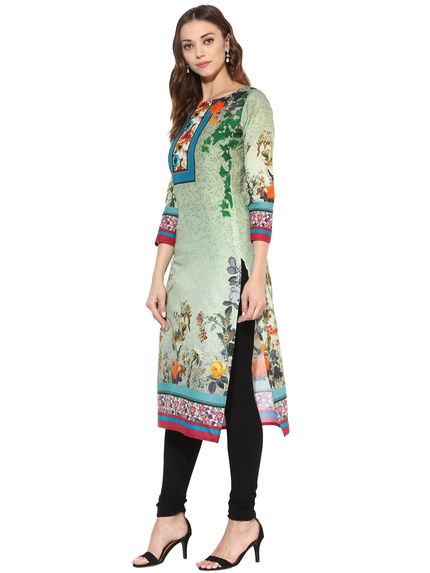 Women's Floral Cotton Green Only Kurti With 3/4Th Sleeves - Ahalyaa