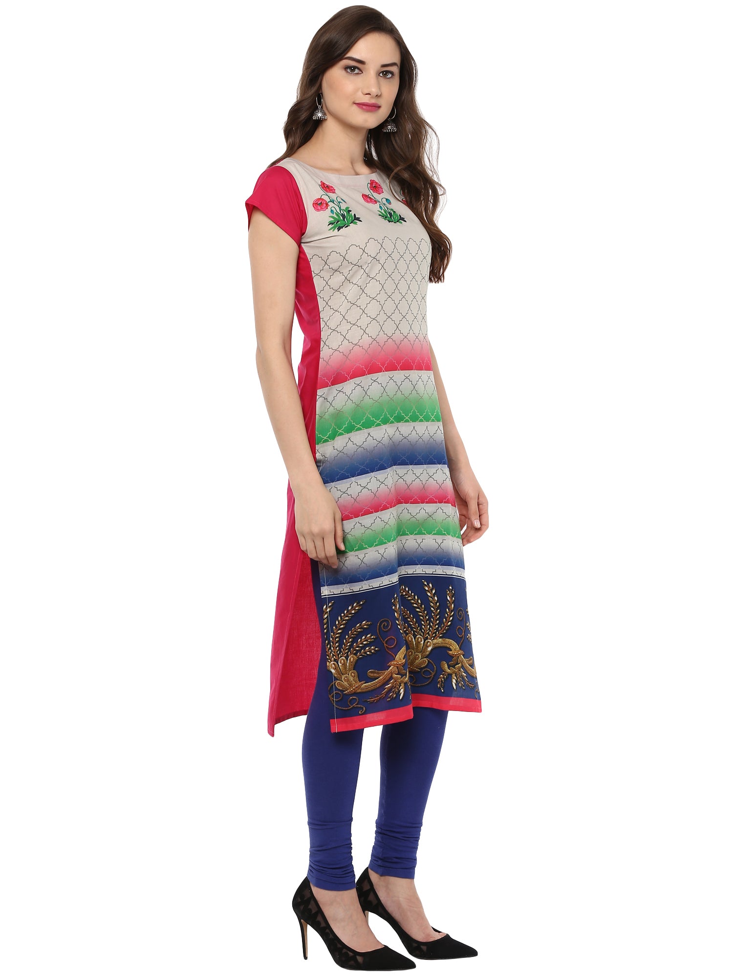 Women's Multi Colored Cap Sleeve And Boat Neck Cotton Only Kurti - Ahalyaa