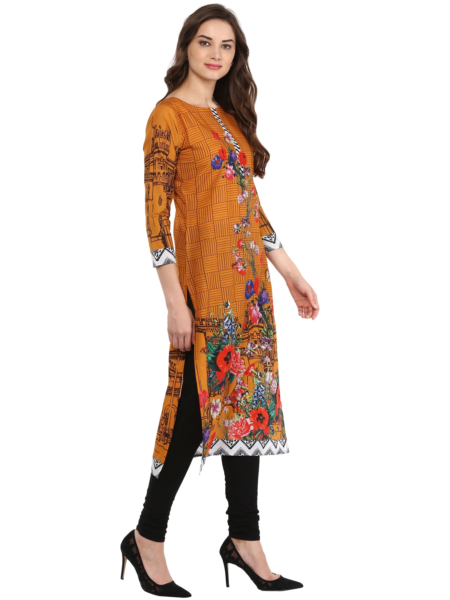 Women's Yellow Mustard Digital Print Pakistani Cotton Only Kurti - Ahalyaa