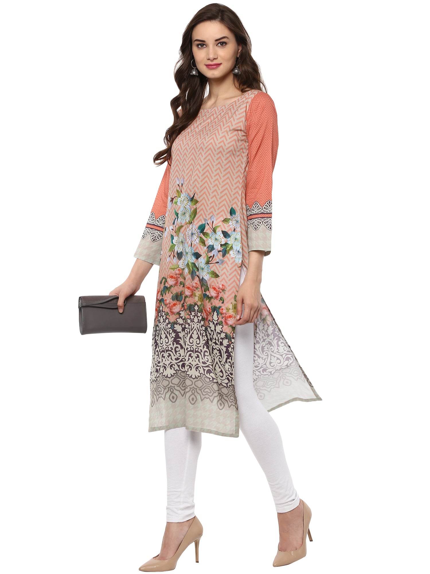 Women's Peach Printed Cotton Floral Pakistani Only Kurta - Ahalyaa