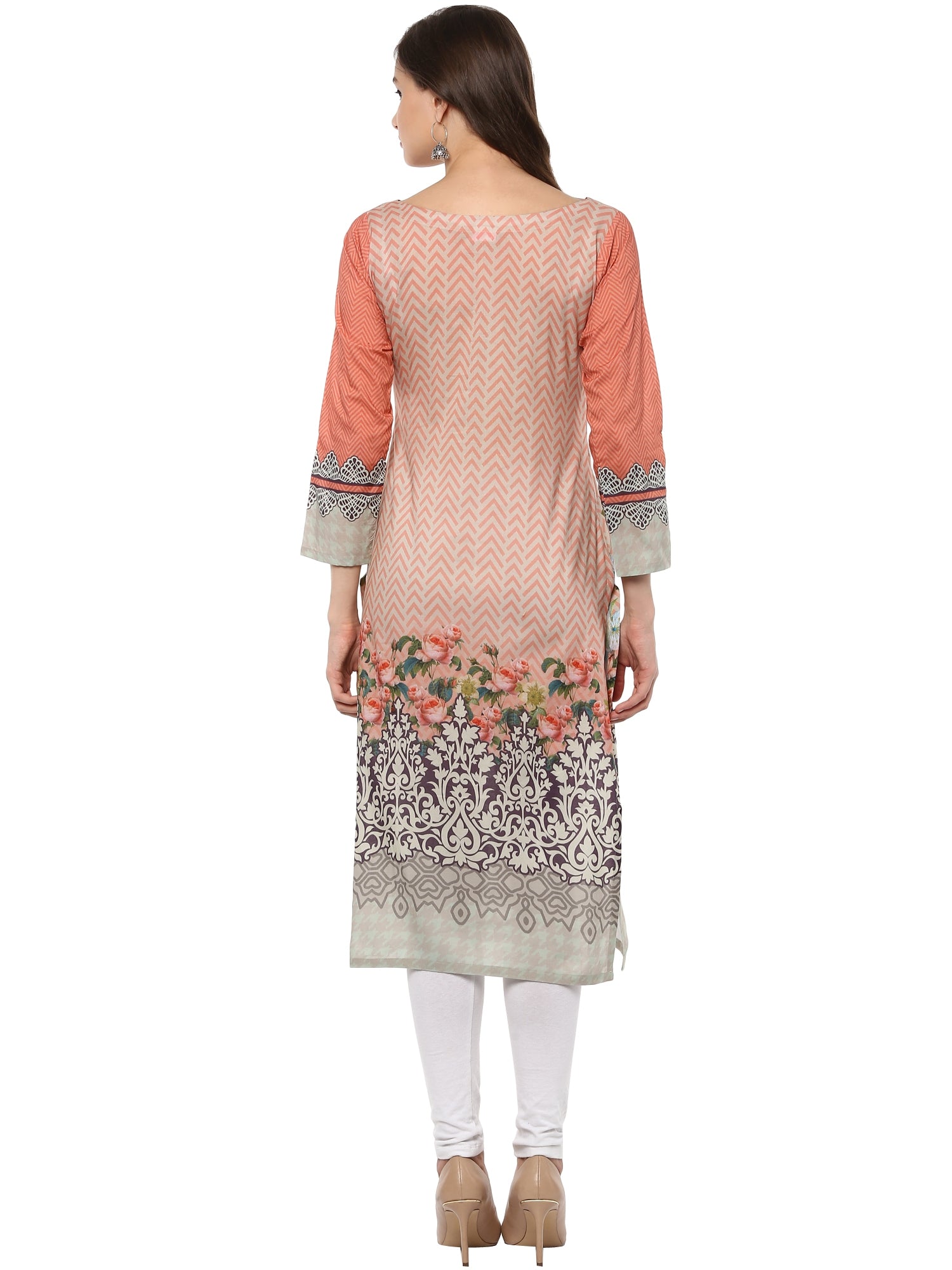 Women's Peach Printed Cotton Floral Pakistani Only Kurta - Ahalyaa