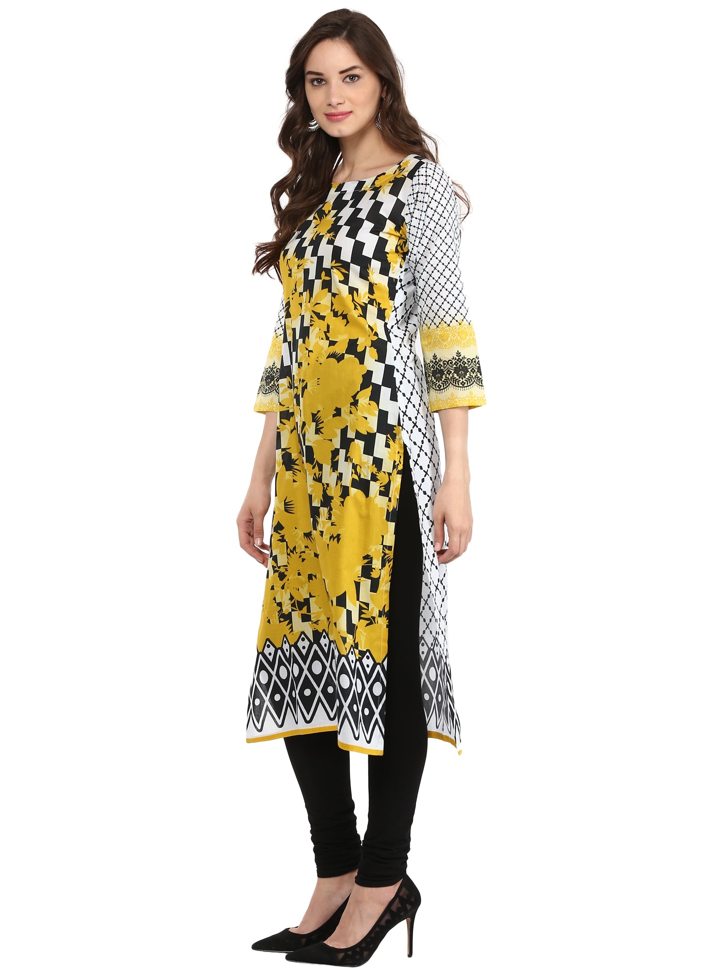 Women's Black & White Checkered Floral Yellow Cotton Printed Only Kurti - Ahalyaa