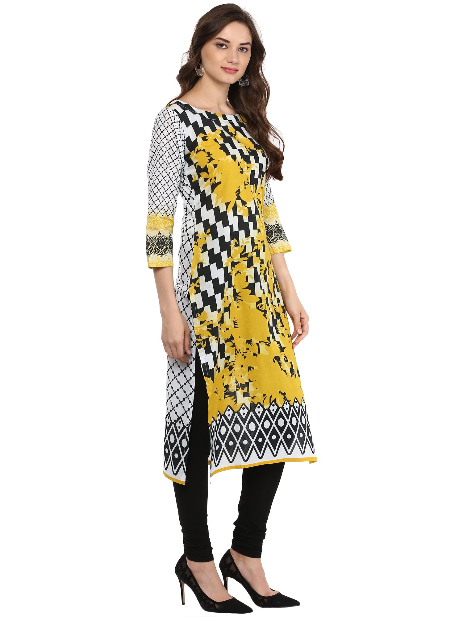 Women's Black & White Checkered Floral Yellow Cotton Printed Only Kurti - Ahalyaa