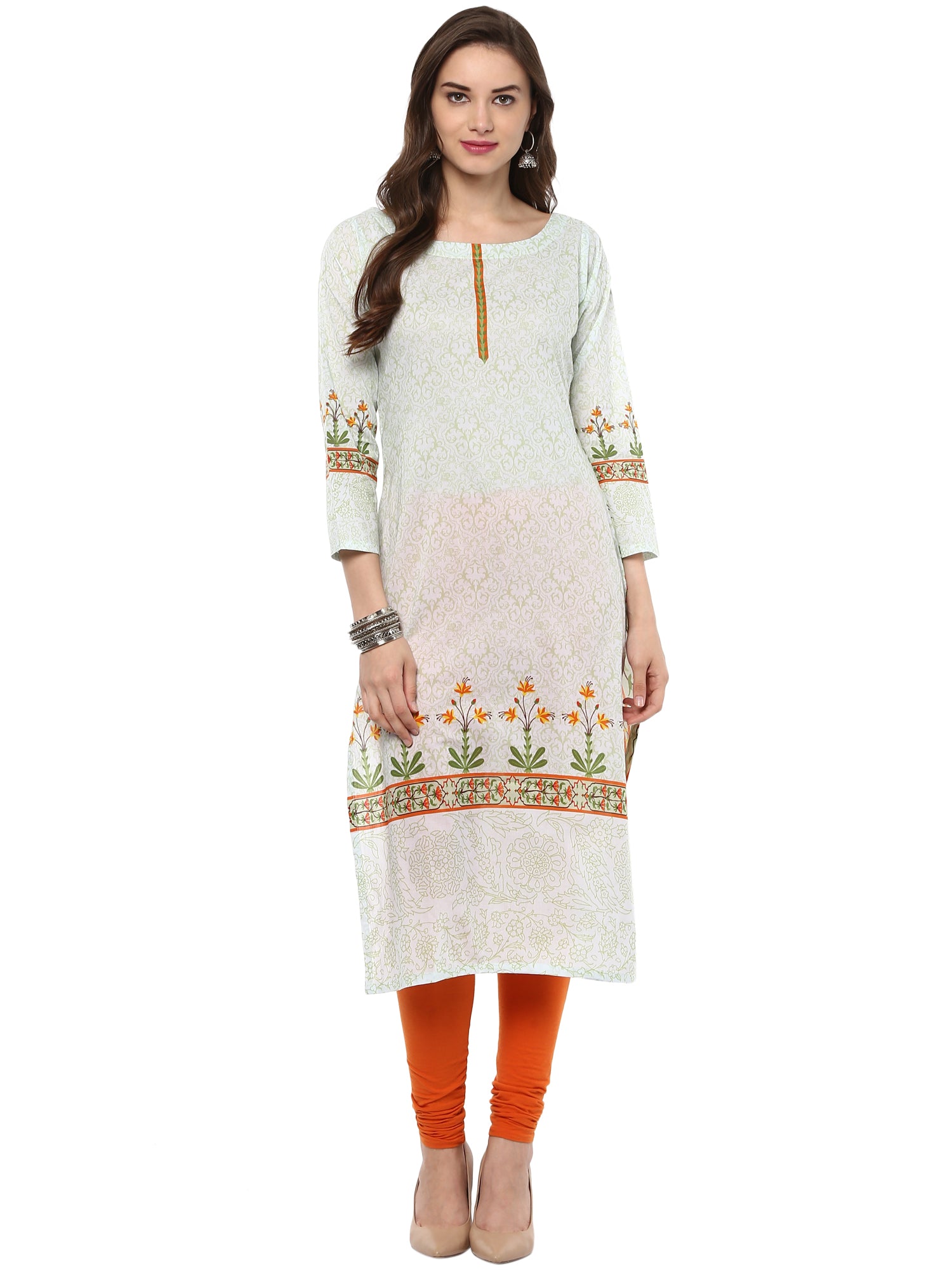Women's Pista Color Floral Mughal Designer Cotton Print Only Kurti - Ahalyaa