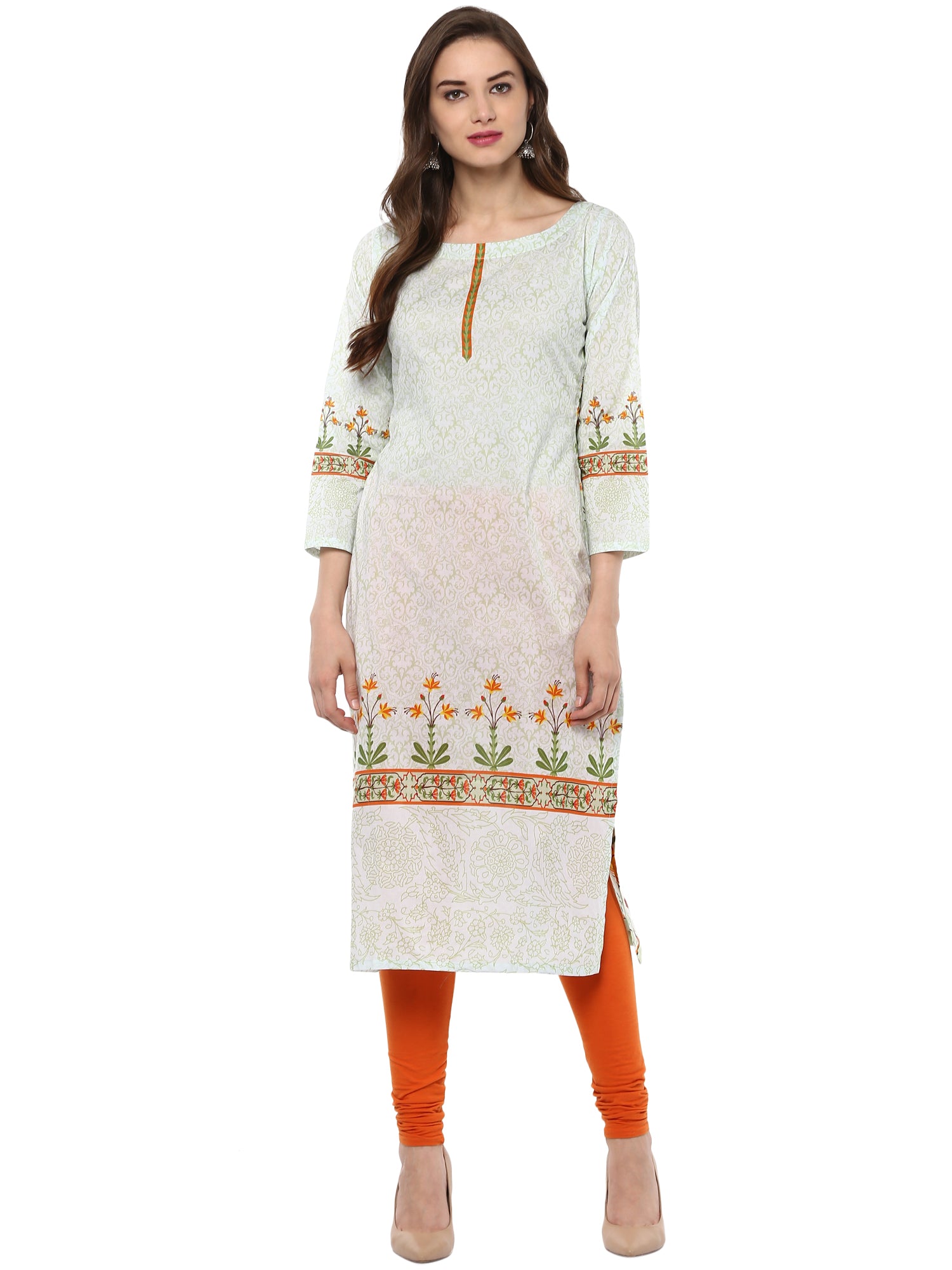 Women's Pista Color Floral Mughal Designer Cotton Print Only Kurti - Ahalyaa