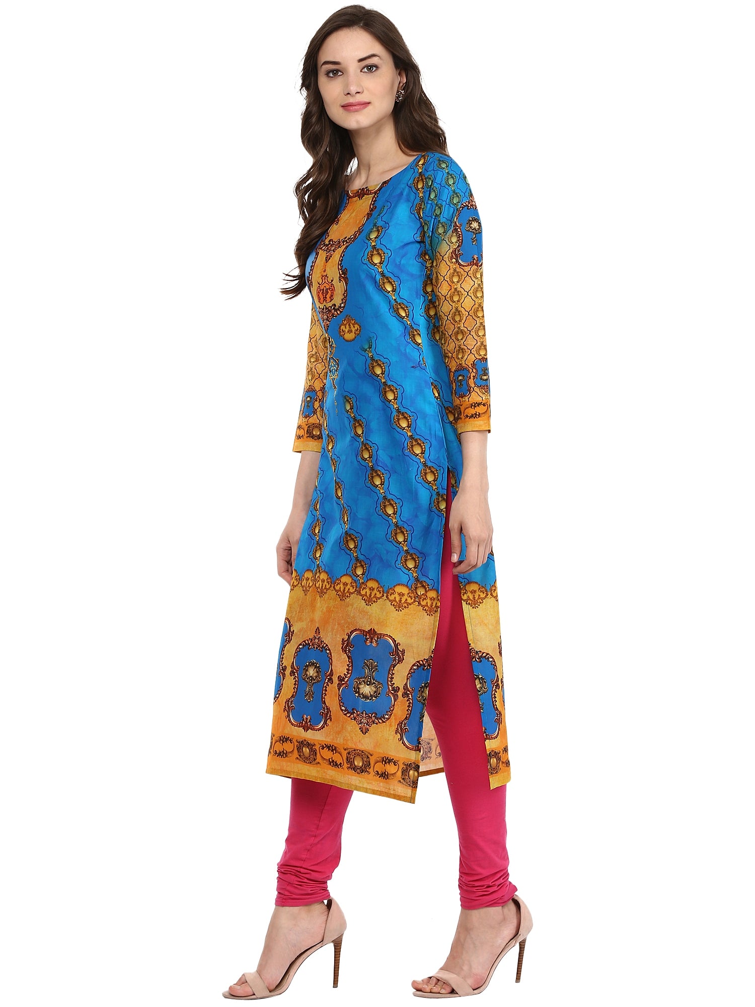 Women's Blue Colored 3/4Th Sleeve And Boat Neck Cotton Only Kurti - Ahalyaa