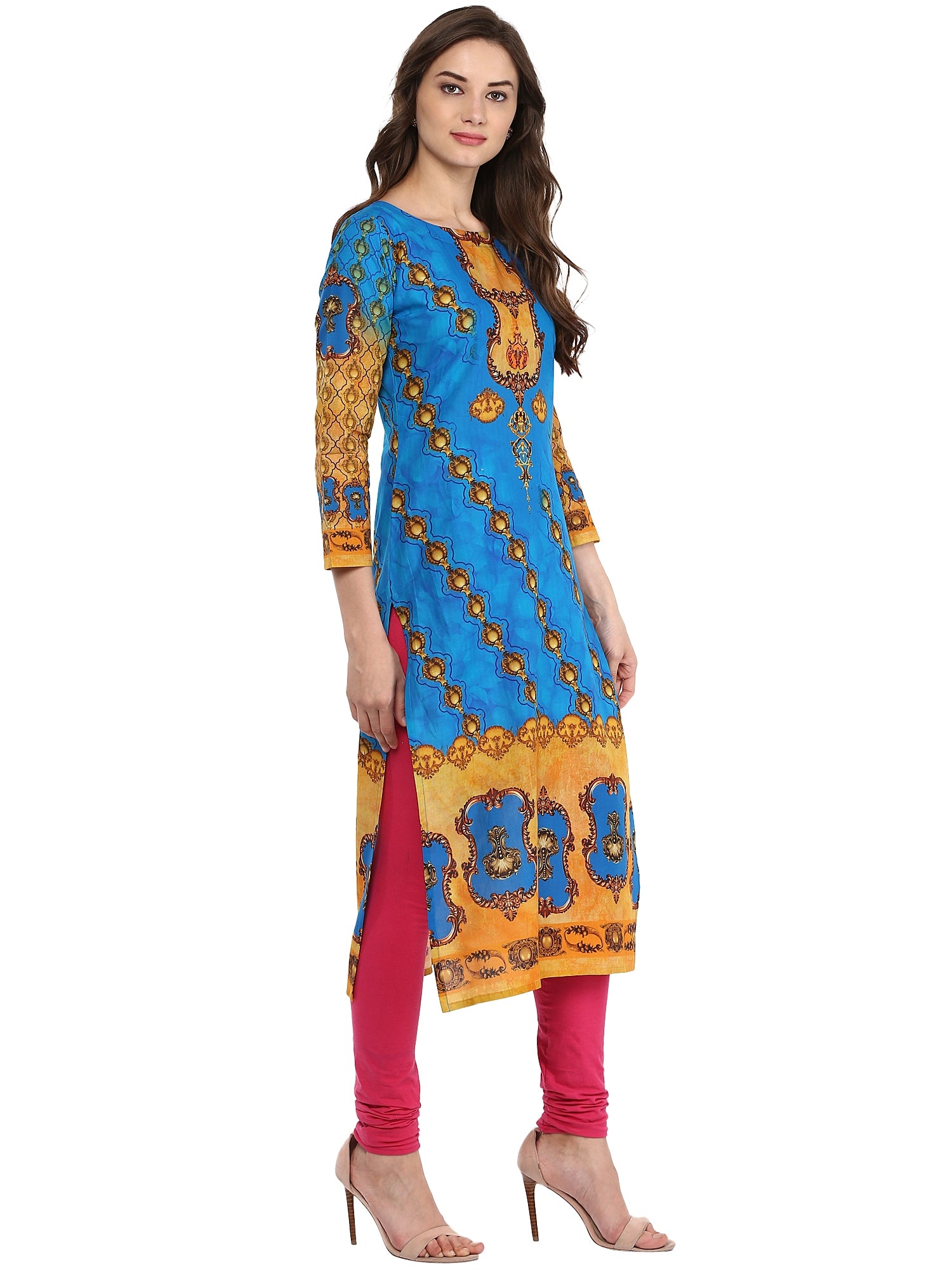 Women's Blue Colored 3/4Th Sleeve And Boat Neck Cotton Only Kurti - Ahalyaa