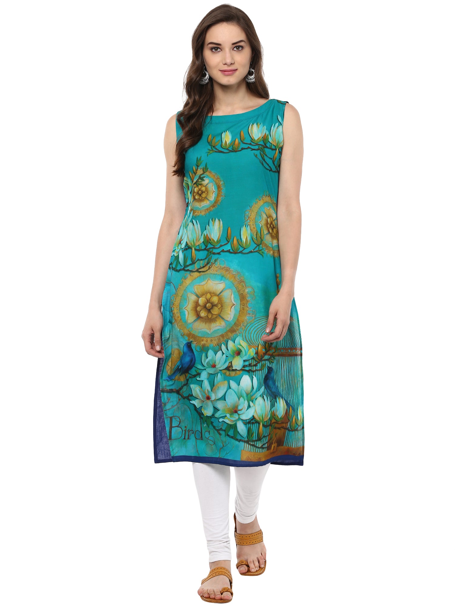 Women's Retro Floral Digital Cotton Blue Only Kurti With Bird Cage - Ahalyaa