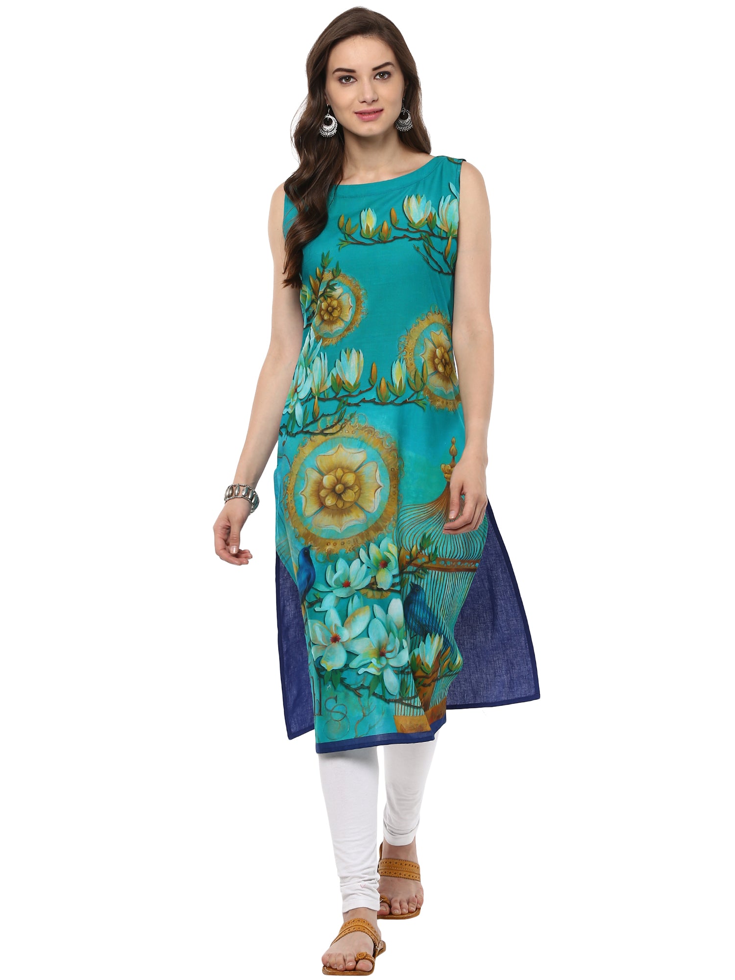 Women's Retro Floral Digital Cotton Blue Only Kurti With Bird Cage - Ahalyaa