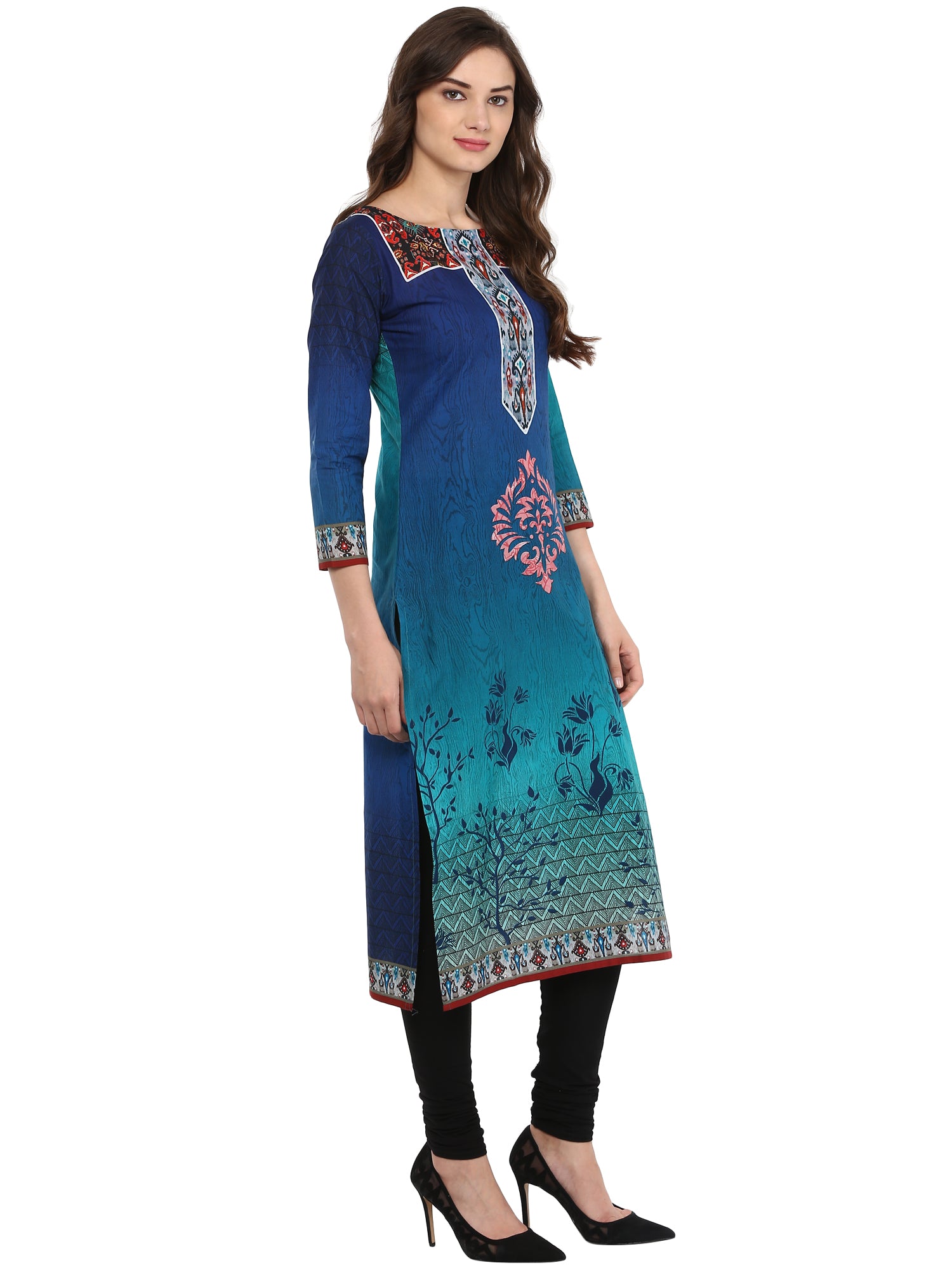 Women's Shades Of Blue Cotton Printed Only Kurti - Ahalyaa