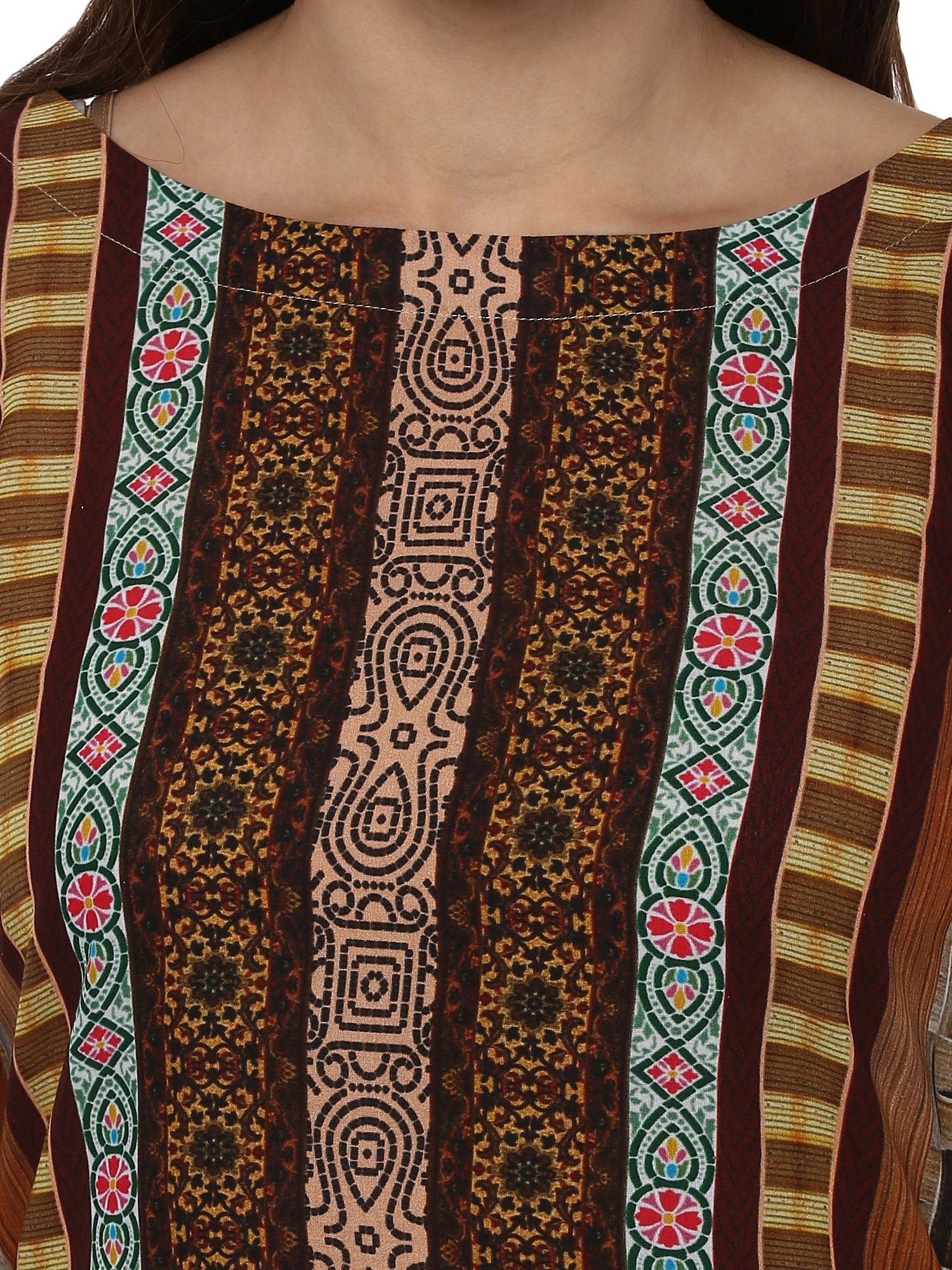 Women's Brown Cotton Digital Printed 3/4Th Sleeve Only Kurti - Ahalyaa