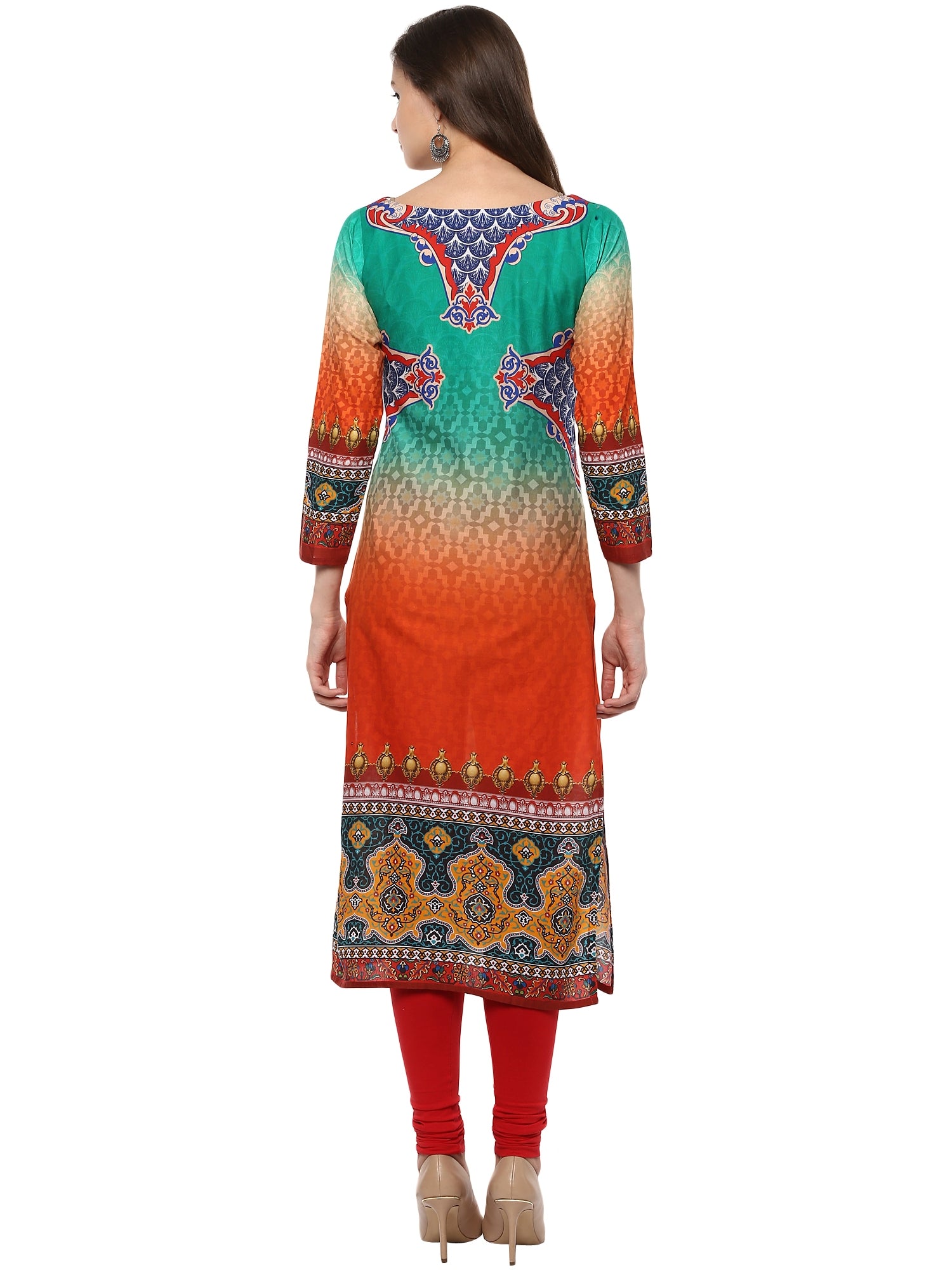 Women's Orange Green Cotton Digital Printed 3/4Th Sleeve Only Kurti - Ahalyaa