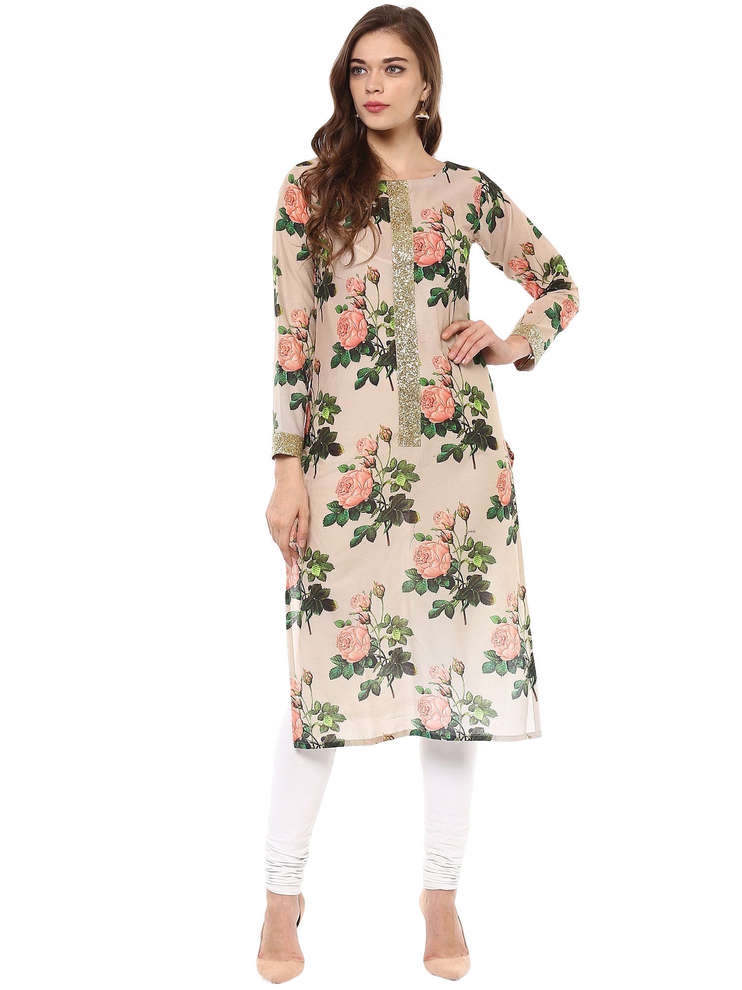 Women's Cotton Rose Print Floral Partywear Straight Only Kurta With Golden Border - Ahalyaa