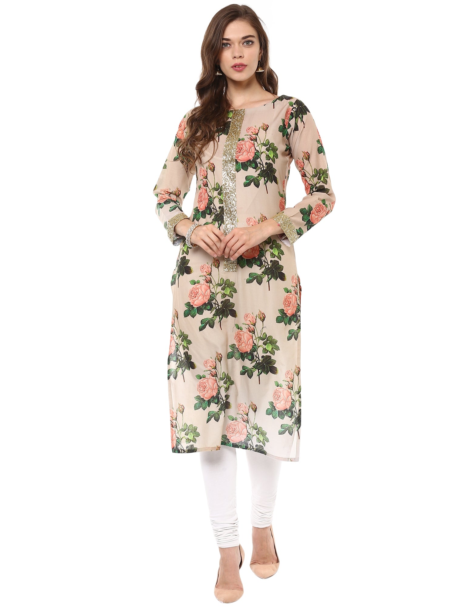Women's Cotton Rose Print Floral Partywear Straight Only Kurta With Golden Border - Ahalyaa