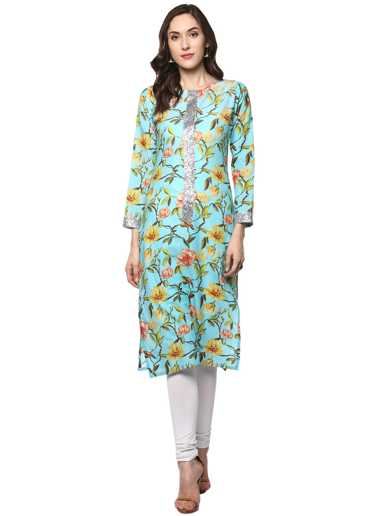 Women's Floral Cotton Partywear Straight Only Kurta With Silver Border