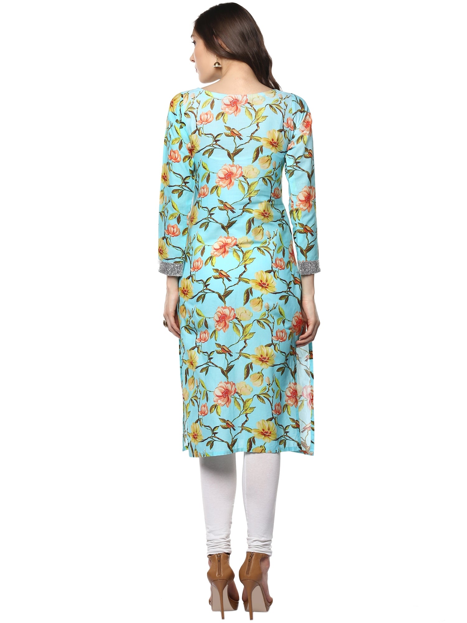 Women's Floral Cotton Partywear Straight Only Kurta With Silver Border - Ahalyaa